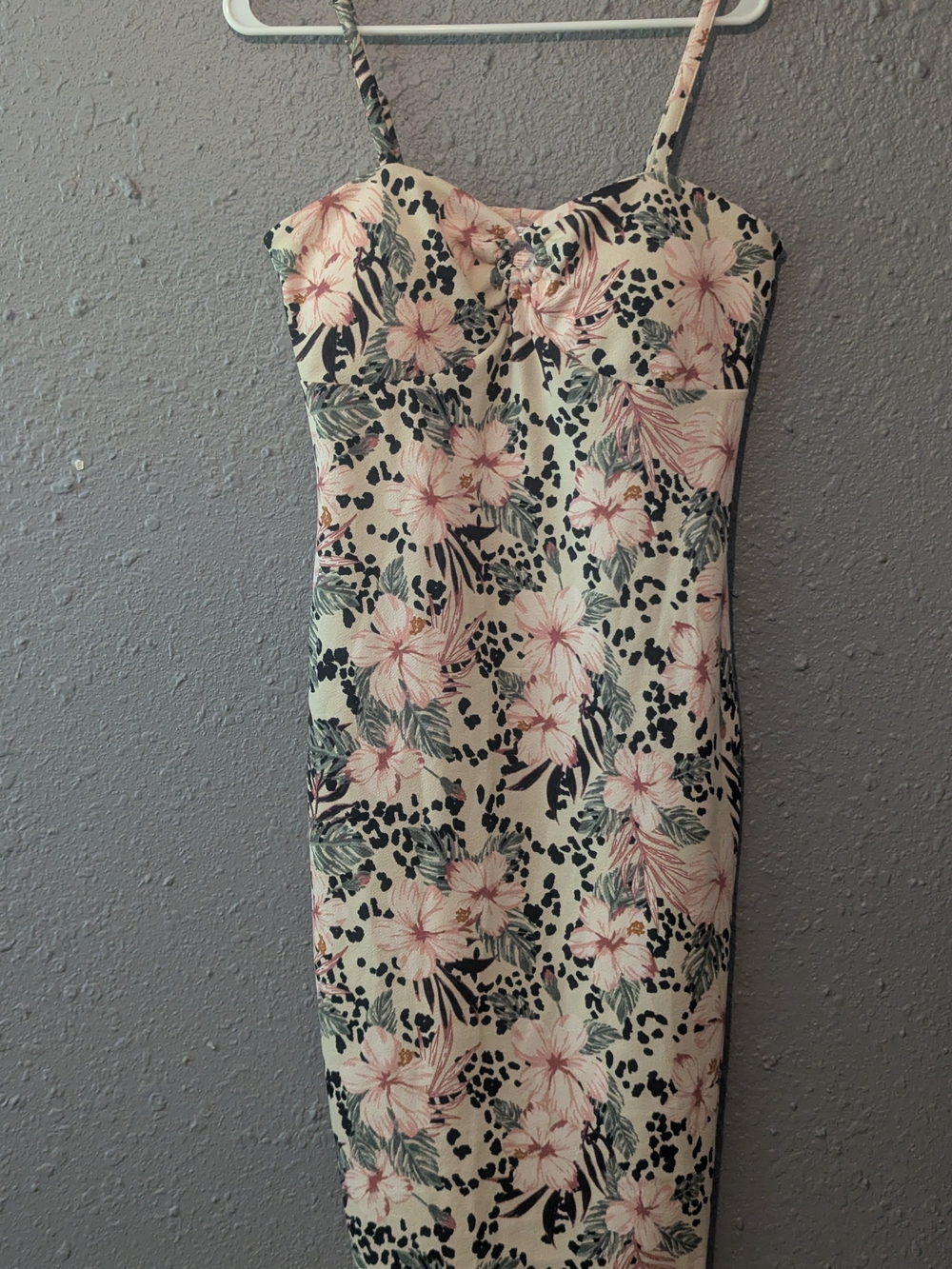 Sz L(11-13) Juniors Cream/Pink Floral Sheath Midi Dress With Animal Print